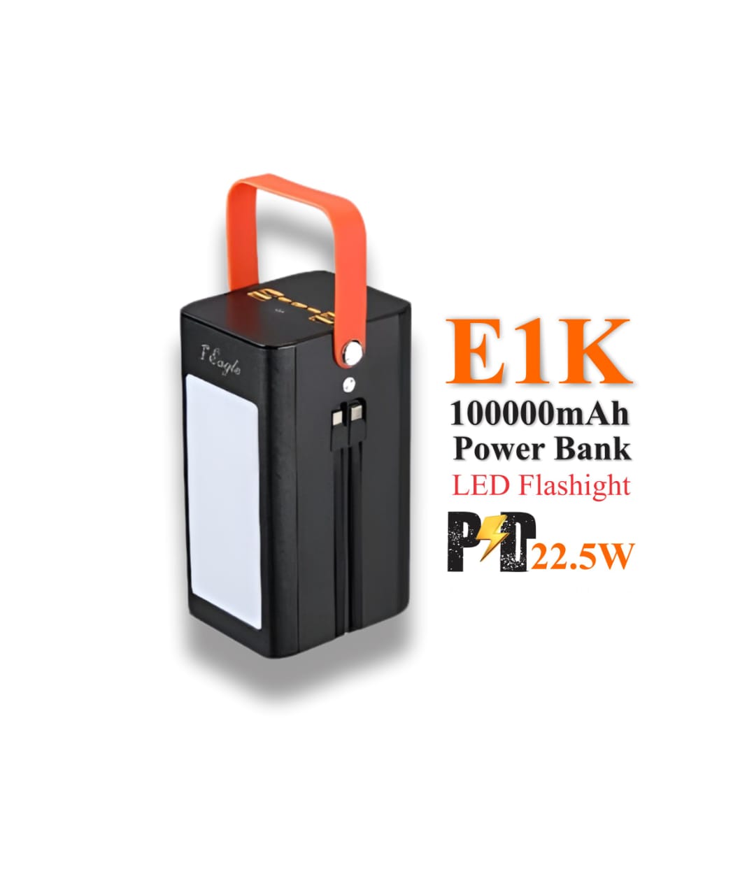 E1k 100,000mAh Power Bank with LED Flashlight and 22.5W PD Fast Charging