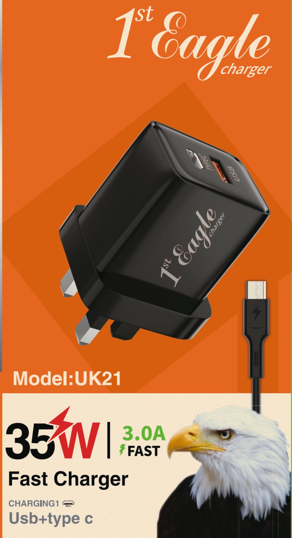 UK21 Super Fast Charger 35W (USB PORT + TYPE C Port) With Type C Cable. PROMO view 2